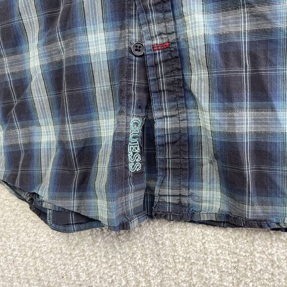Y2K Guess Mens Blue Plaid Button-Down Long-Sleeve Shirt Metal Snap / Zip Size XL - Picture 8 of 16
